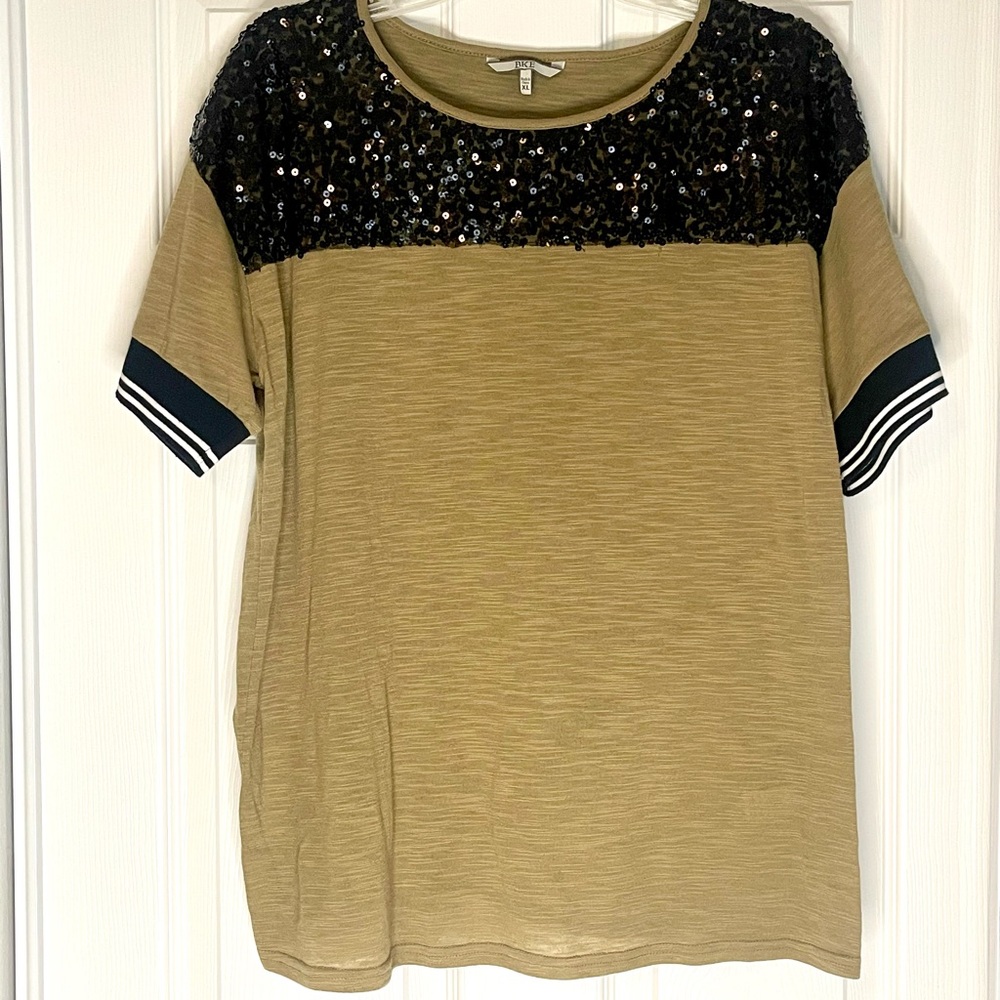 BKE Olive Green Short Sleeve Top with Black Sequin Yoke